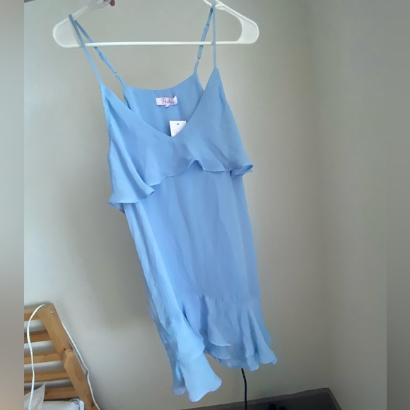 Parker Thatcher $288 Cold Shoulder Ruffled Mini Dress light Blue XS NWT - Picture 5 of 16